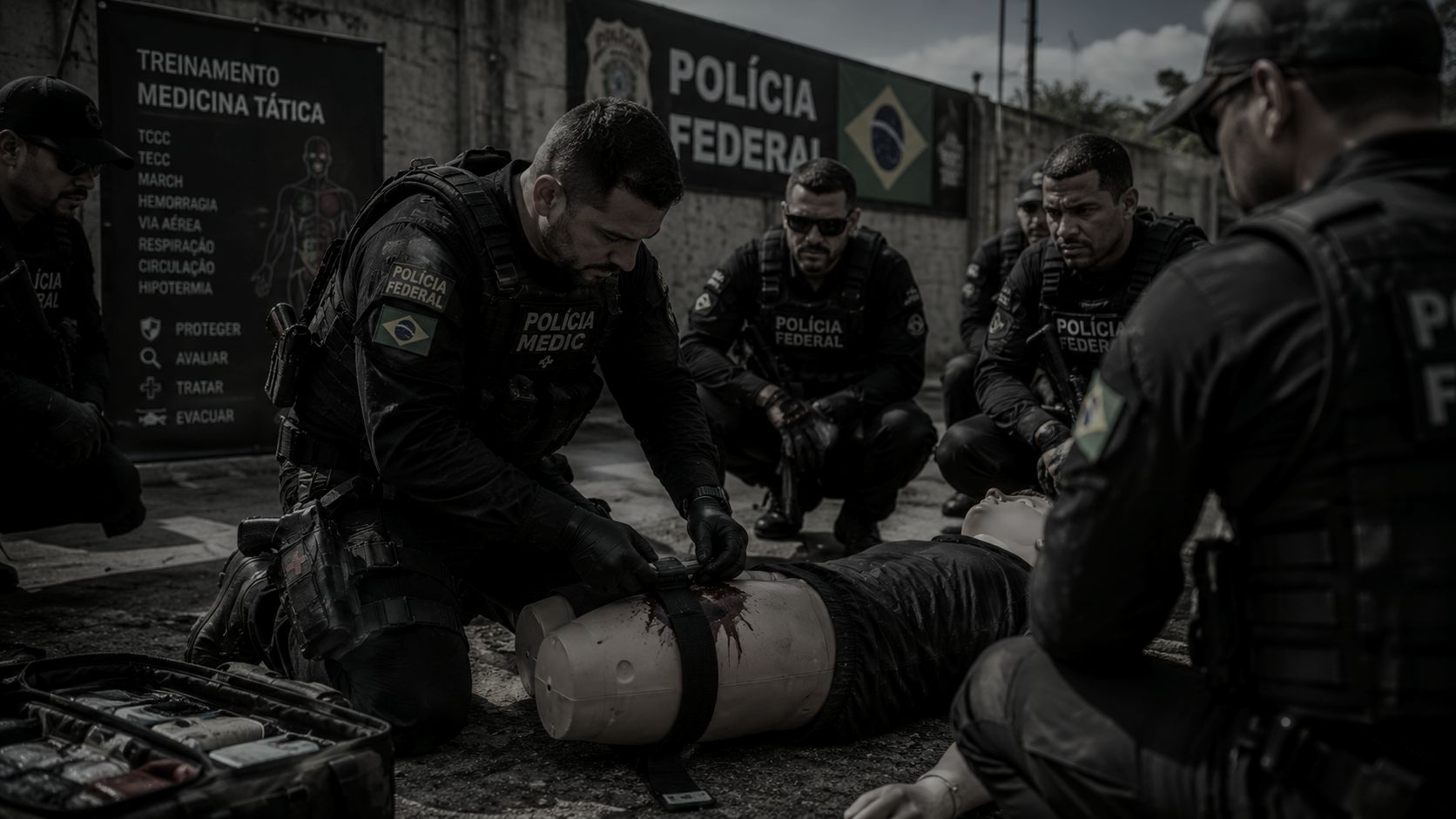 Equipe da Polícia Federal brasileira treinando atendimento pré-hospitalar tático, com painel de protocolo TCCC/TECC ao fundo.