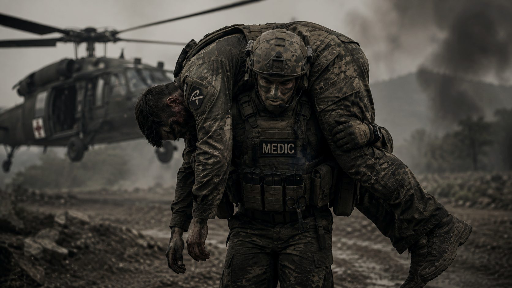 Médico tático carregando um combatente ferido em direção a um helicóptero de resgate, em cenário de operação com fumaça ao fundo.
