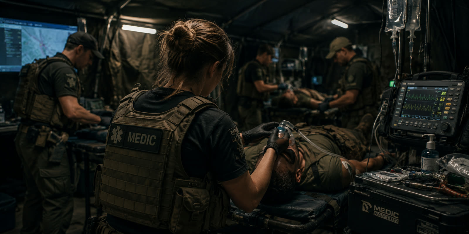 Equipe médica tática atendendo vítimas simuladas em ambiente de evacuação, com monitor de sinais vitais ao fundo.