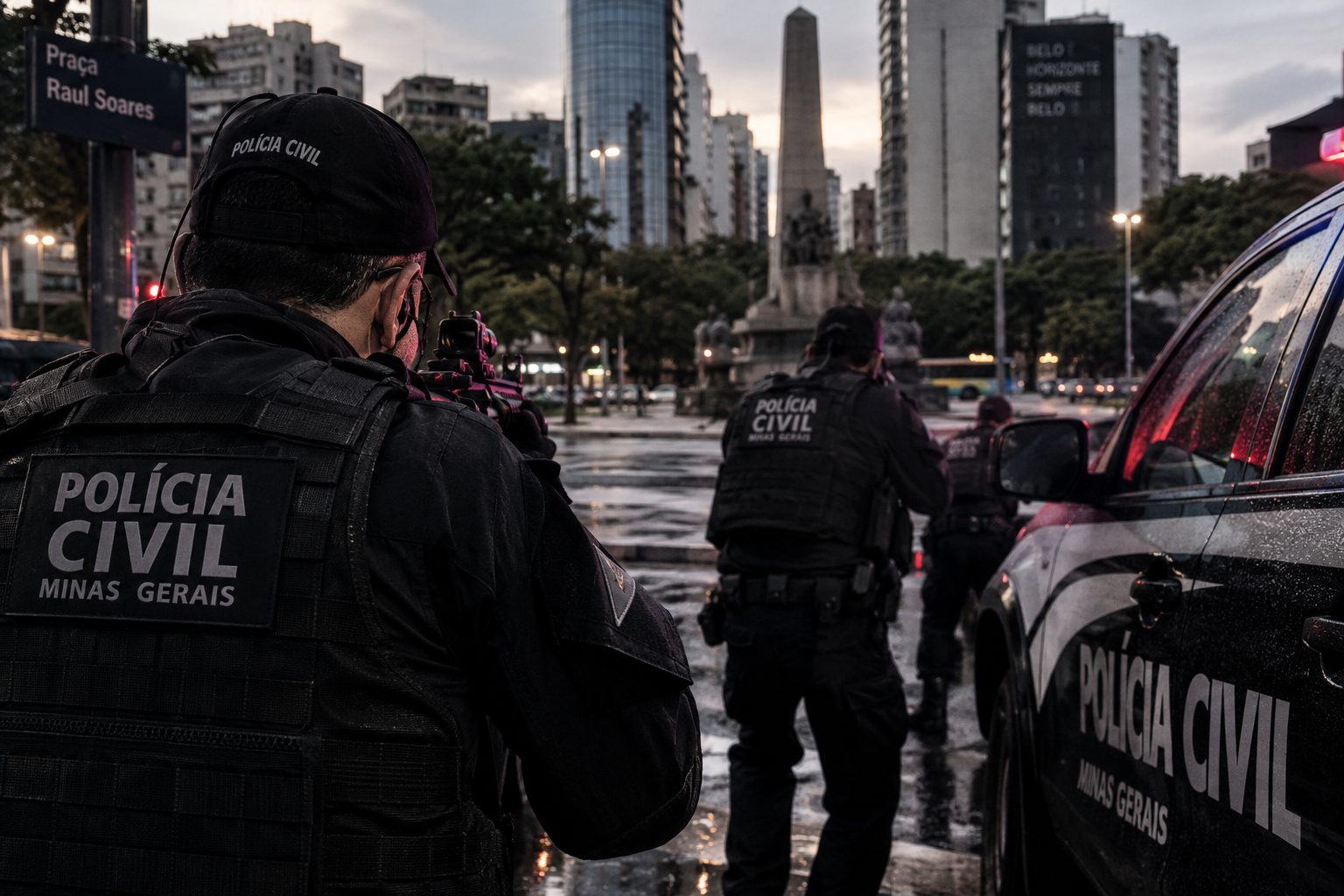 Equipe da Polícia Civil de Minas Gerais em deslocamento na Praça Raul Soares, Belo Horizonte, ao entardecer.