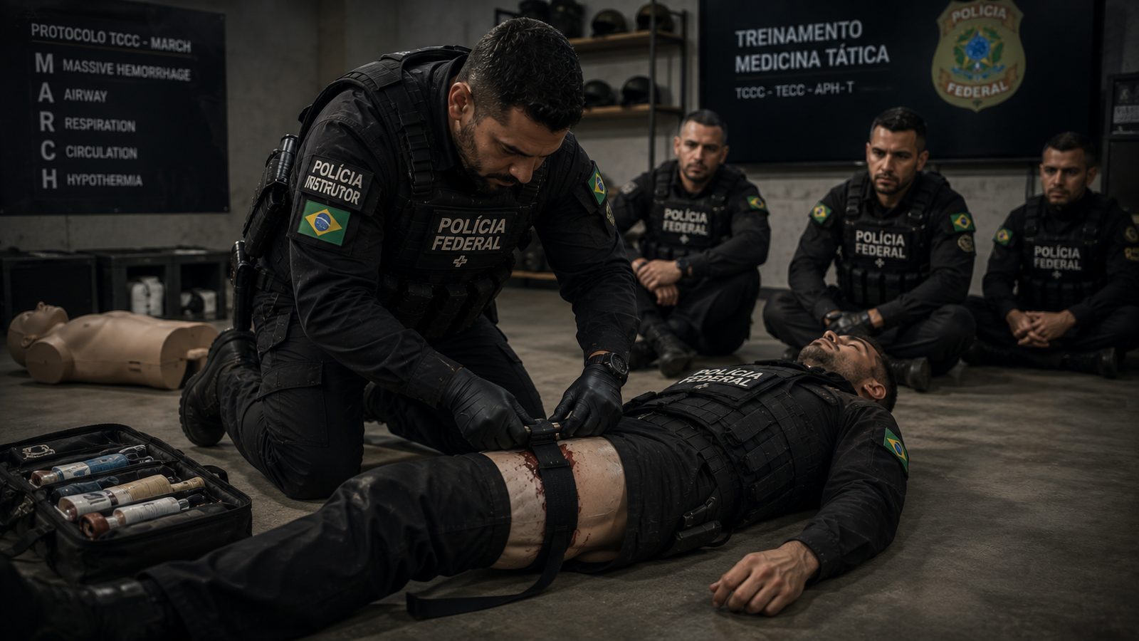 Instrutor conduz treinamento simulado de MARCH para equipe policial, com painel de protocolo ao fundo.
